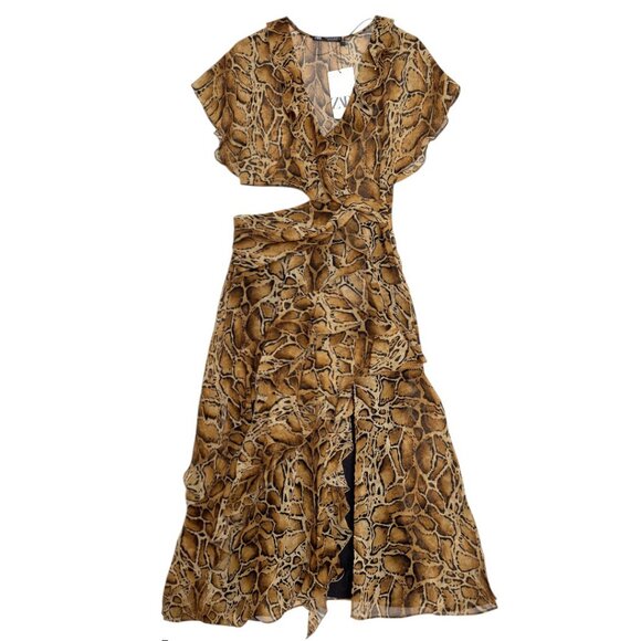 NWT ZARA LEOPARD PRINT MIDI CUTOUT RUFFLES DRESS FIERCE BLOGGER GLAM MEDIUM - Picture 1 of 9